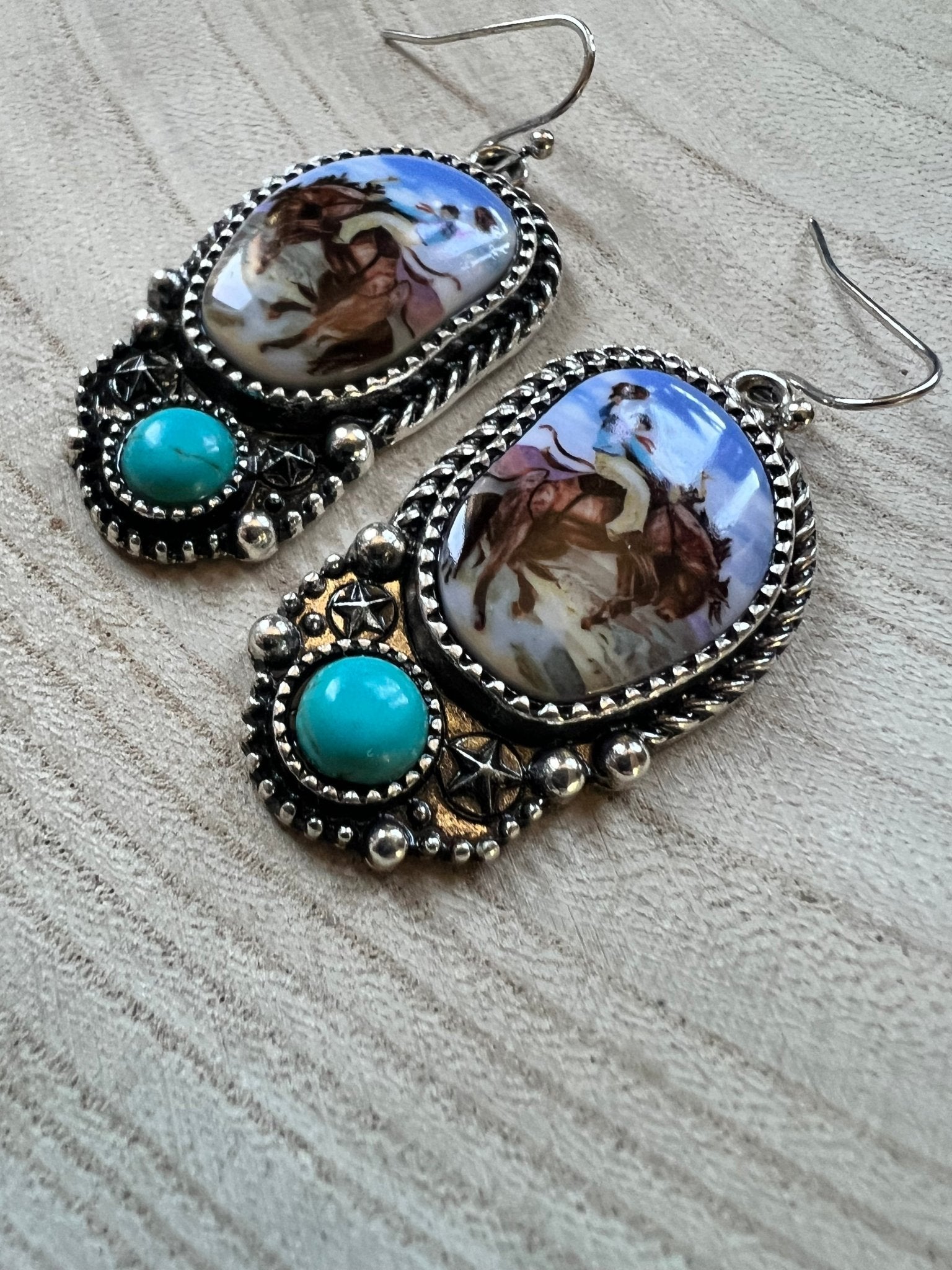 Western Bronc Print Oval and Faux Turquoise Earrings