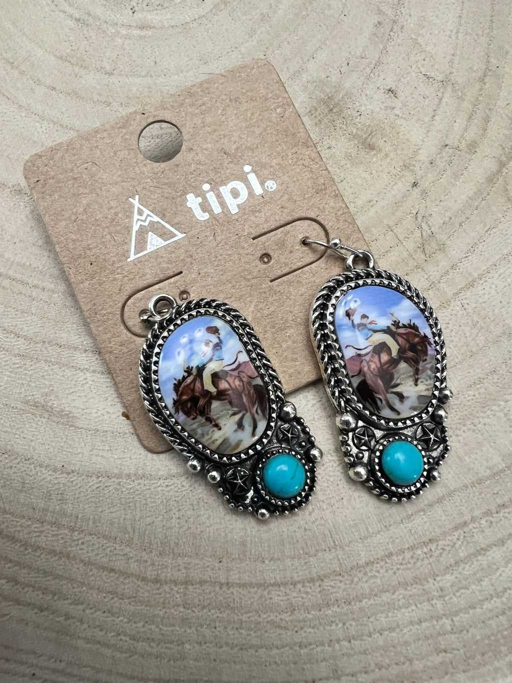 Western Bronc Print Oval and Faux Turquoise Earrings