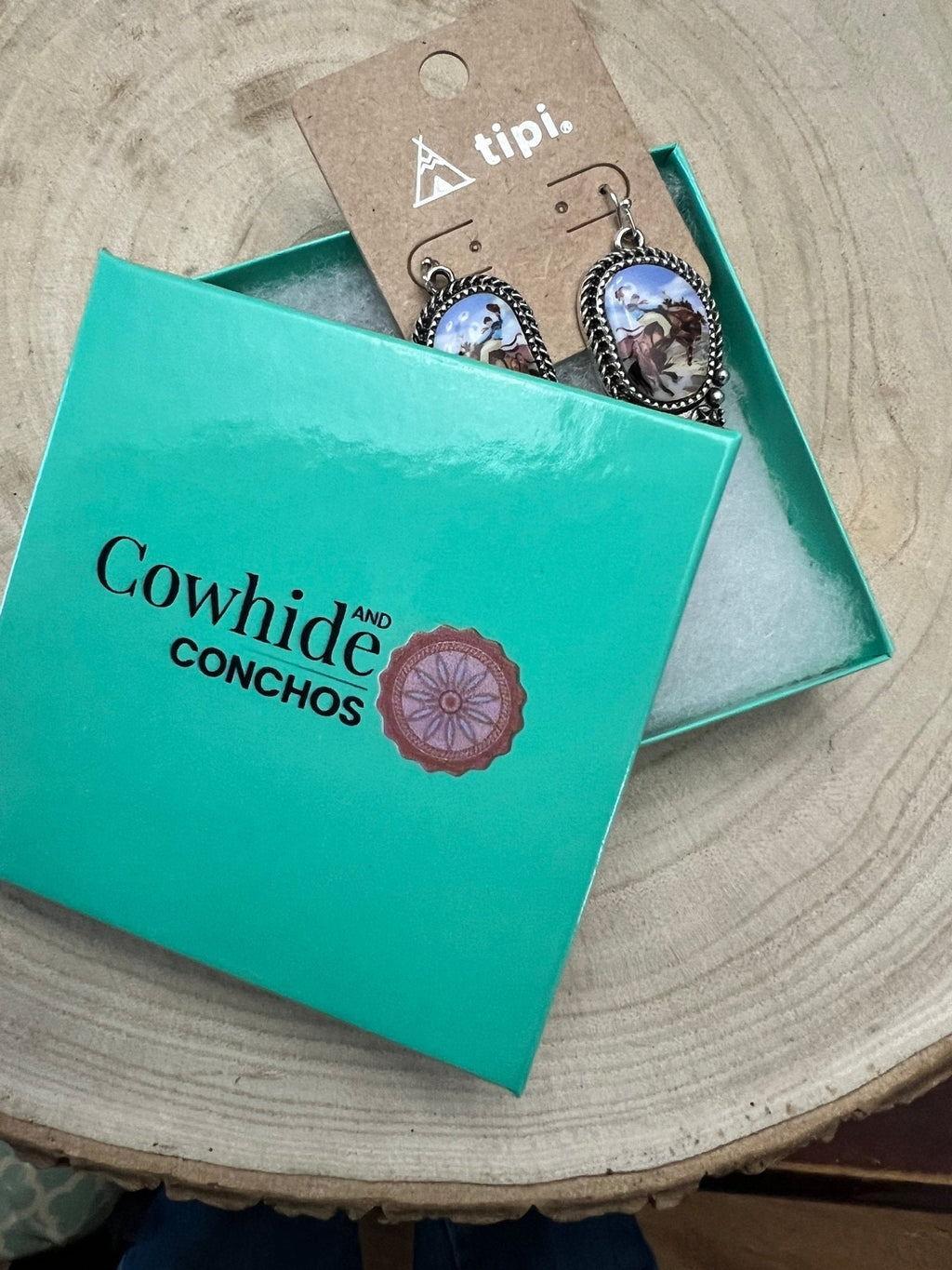 Western Bronc Print Oval and Faux Turquoise Earrings