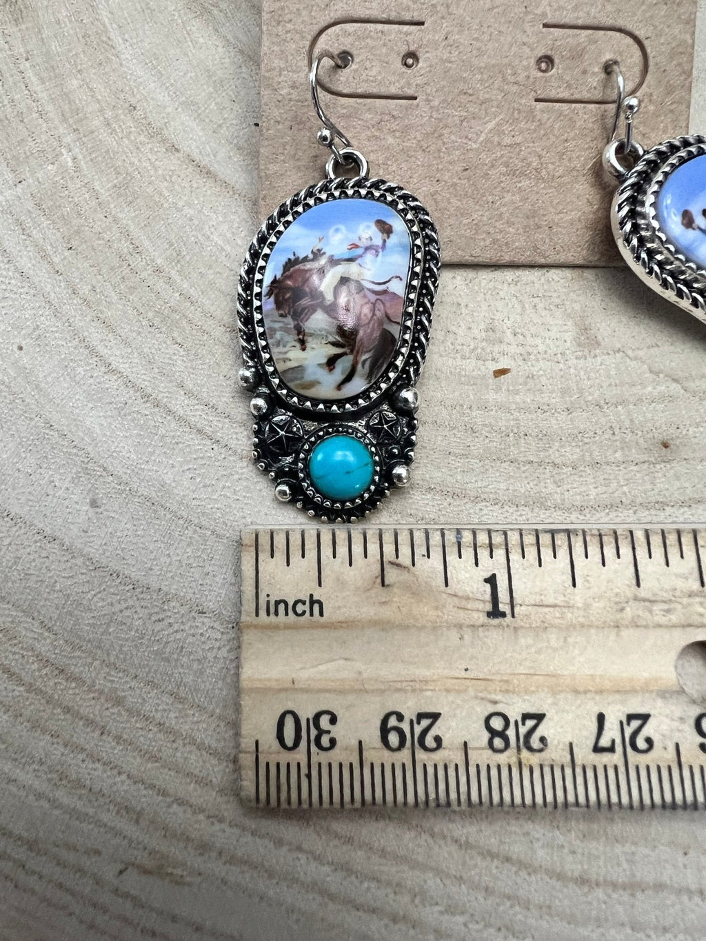 Western Bronc Print Oval and Faux Turquoise Earrings