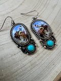 Western Bronc Print Oval and Faux Turquoise Earrings