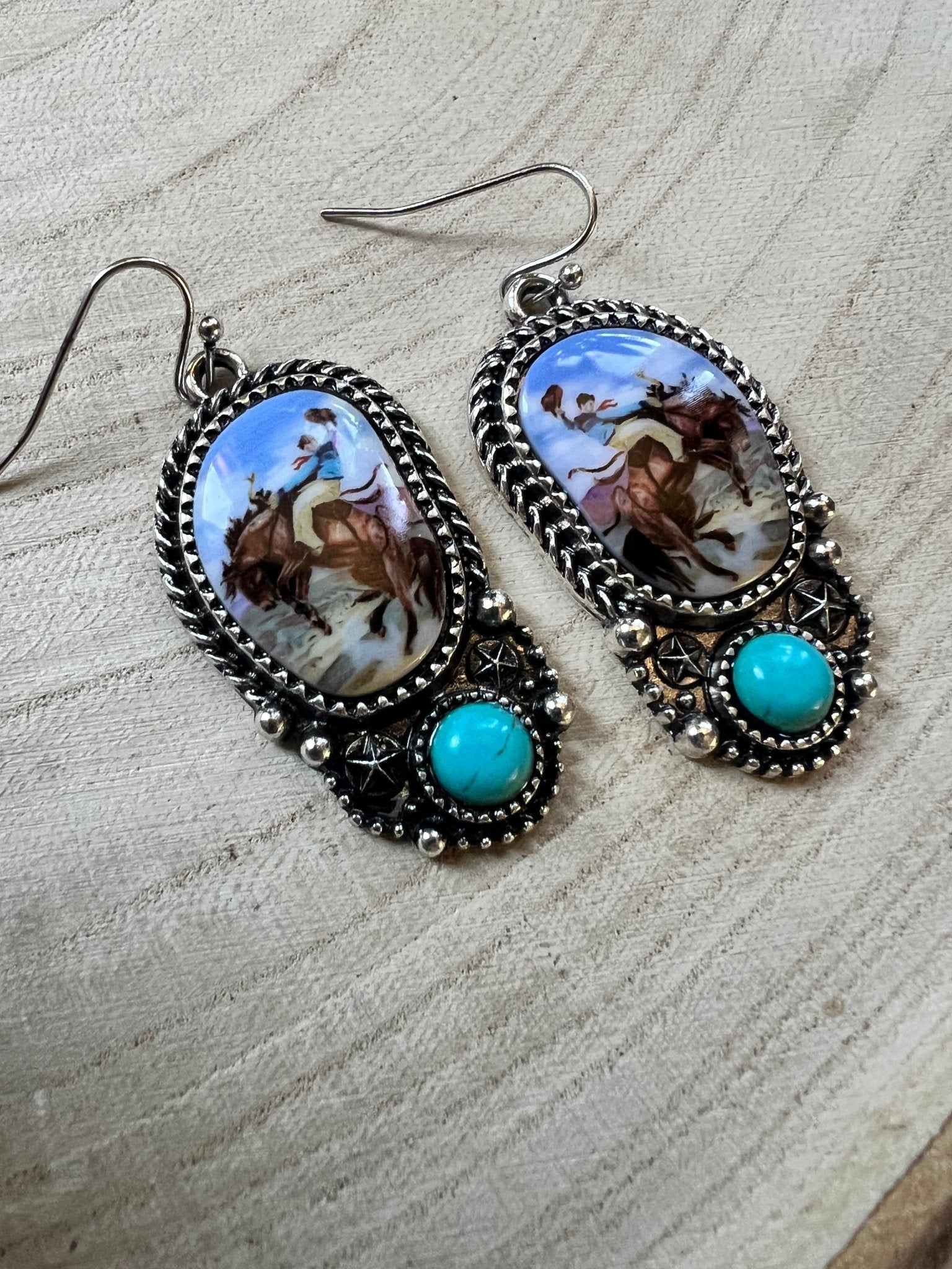Western Bronc Print Oval and Faux Turquoise Earrings