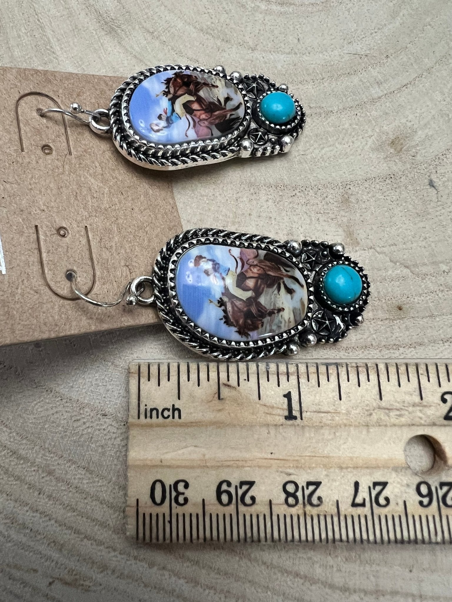 Western Bronc Print Oval and Faux Turquoise Earrings