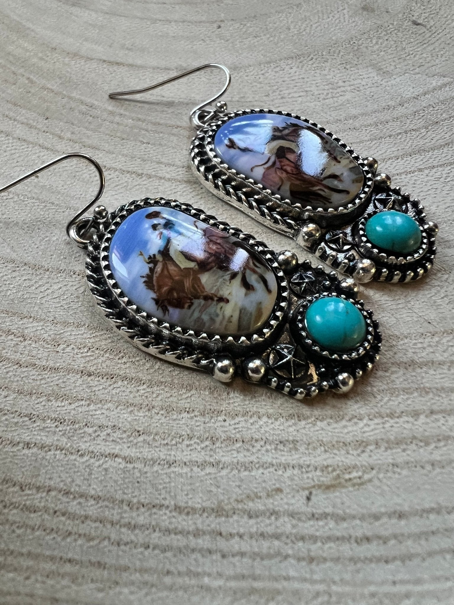 Western Bronc Print Oval and Faux Turquoise Earrings
