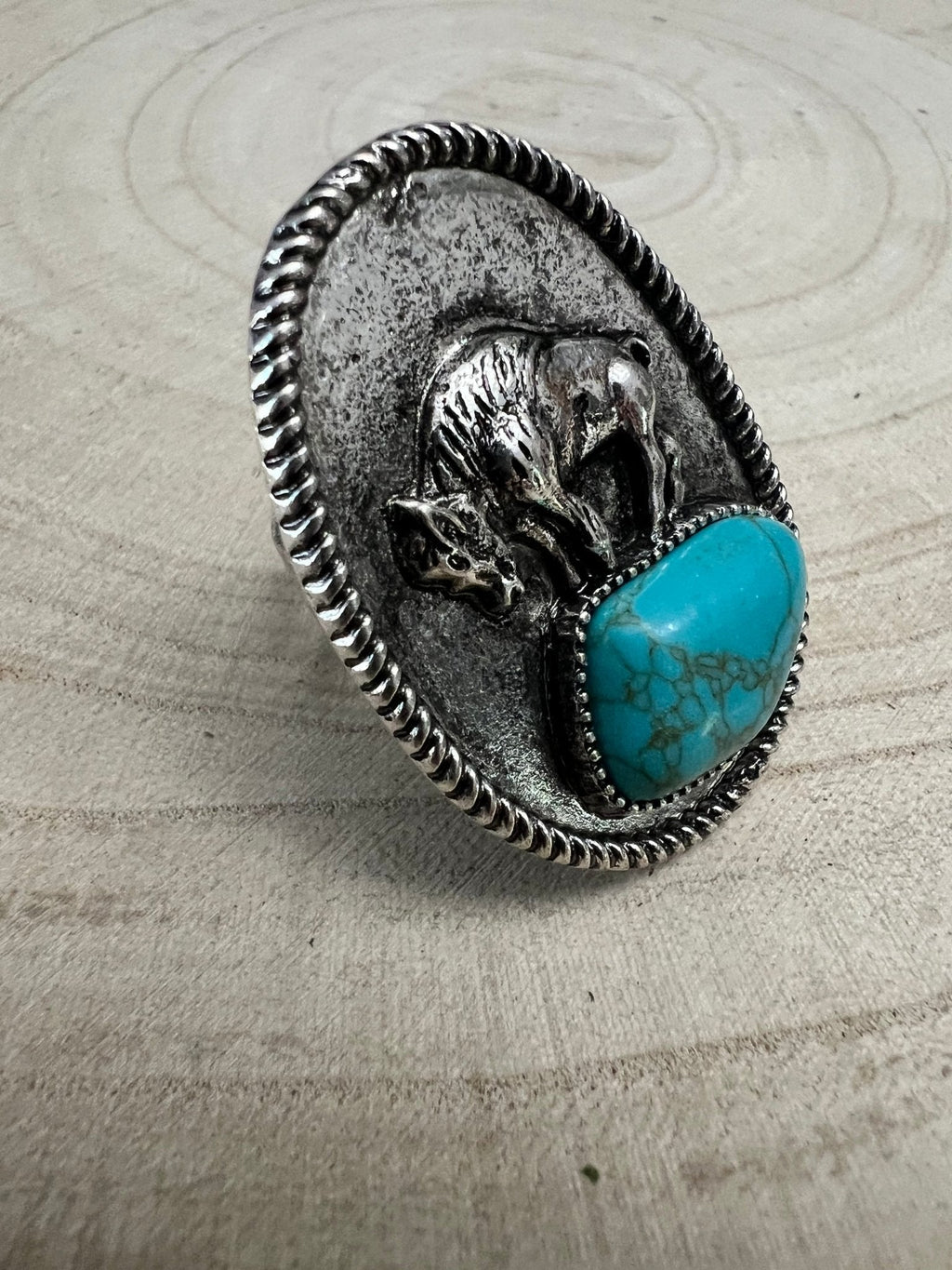 Western Buffalo and Faux Turquoise Nugget Adjustable Ring