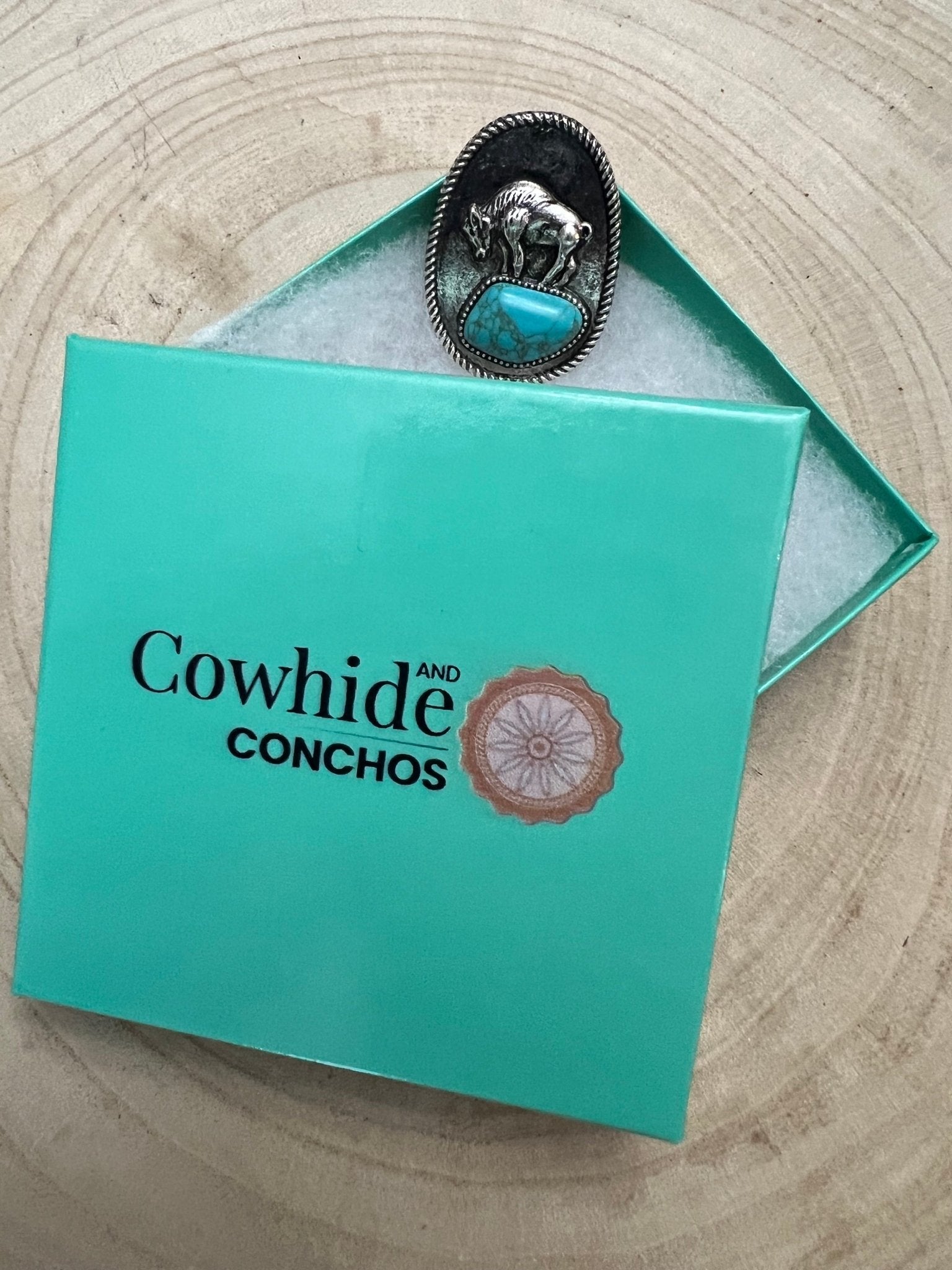 Western Buffalo and Faux Turquoise Nugget Adjustable Ring