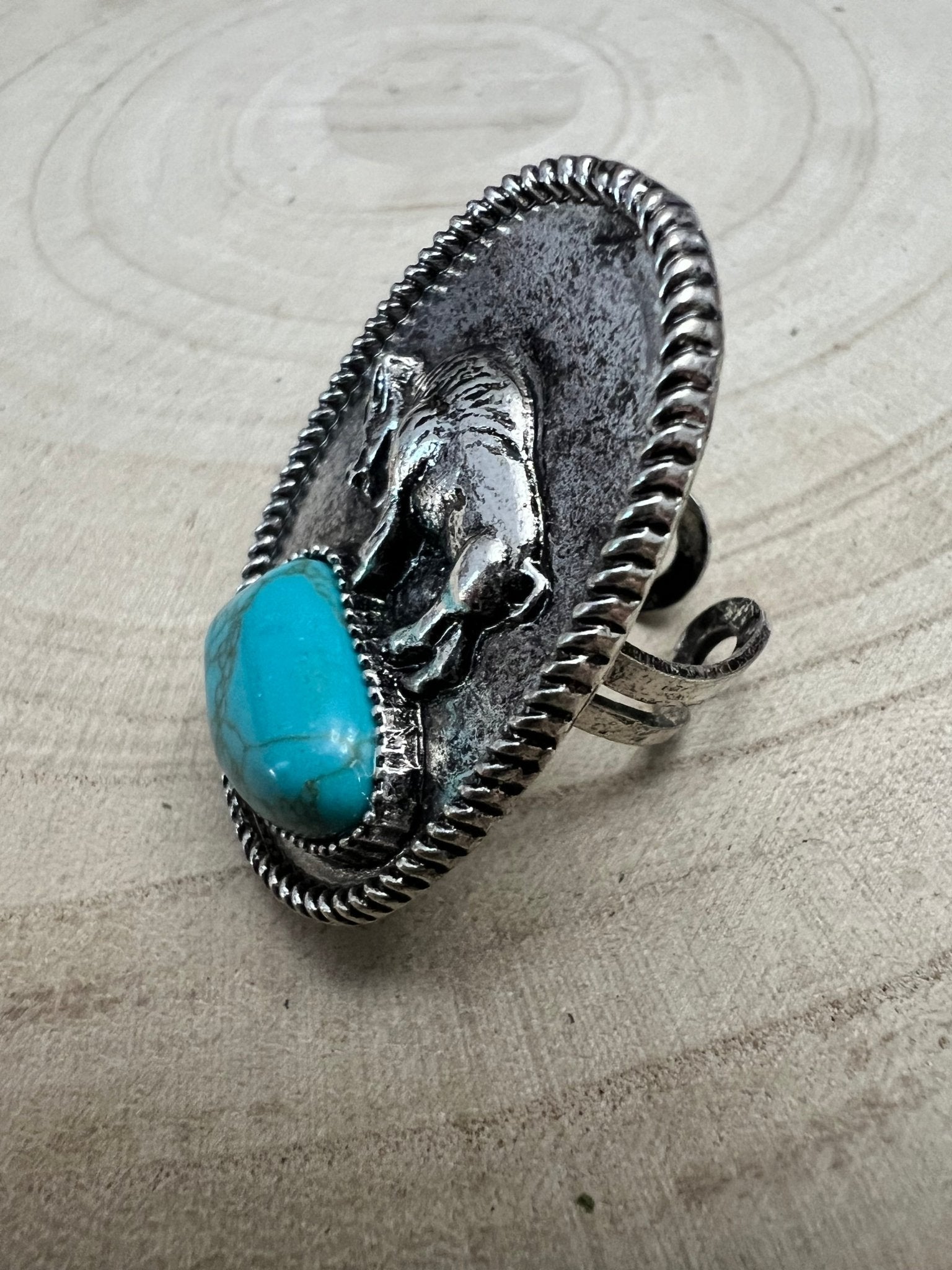Western Buffalo and Faux Turquoise Nugget Adjustable Ring