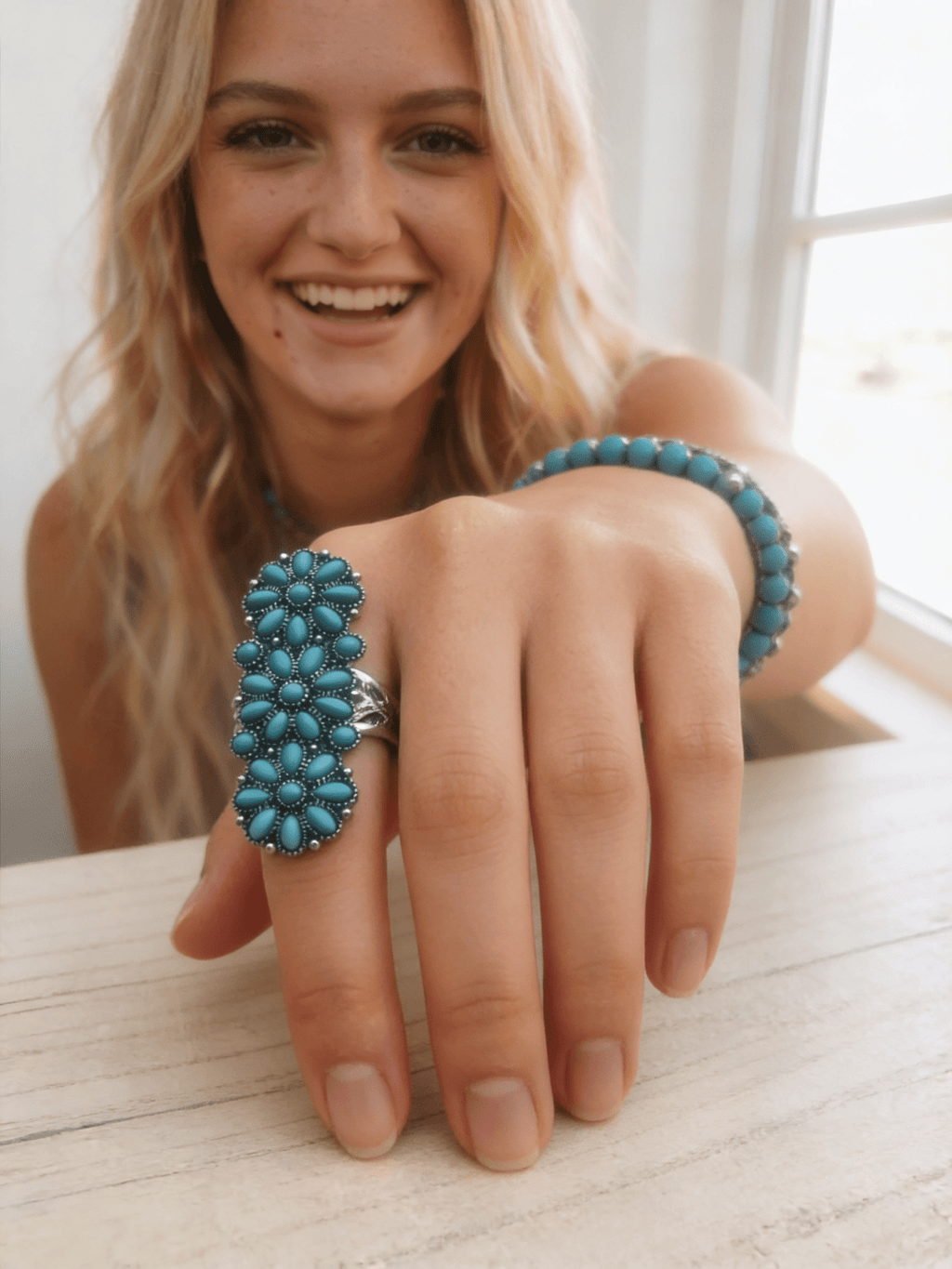 Western Desert Bloom: Faux Turquoise Adjustable Cluster Statement Ring