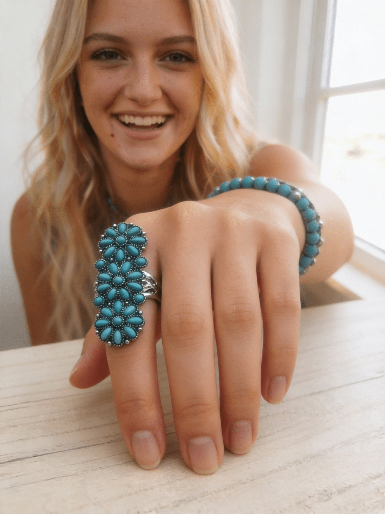 Western Desert Bloom: Faux Turquoise Adjustable Cluster Statement Ring