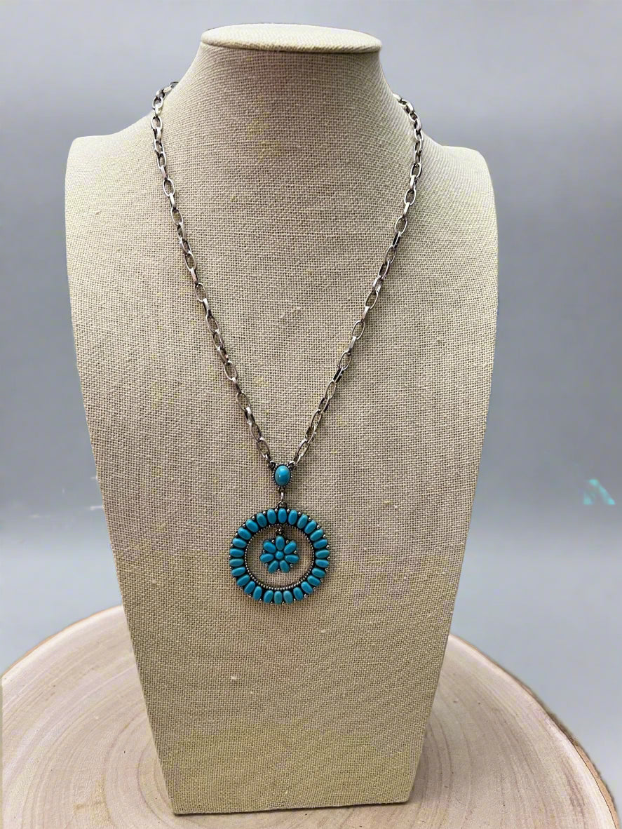 Western Faux Turquoise Cluster Necklace - 18 inch