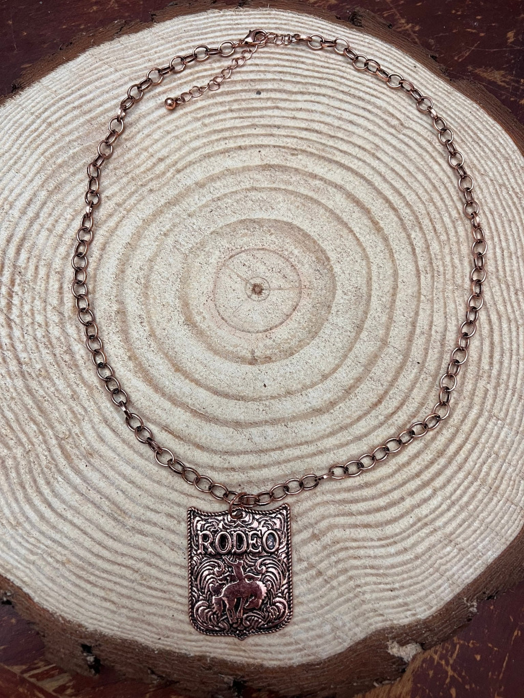 Rustic Brass Colored Rodeo Pendant Necklace – 22" Western Cowgirl Statement Jewelry