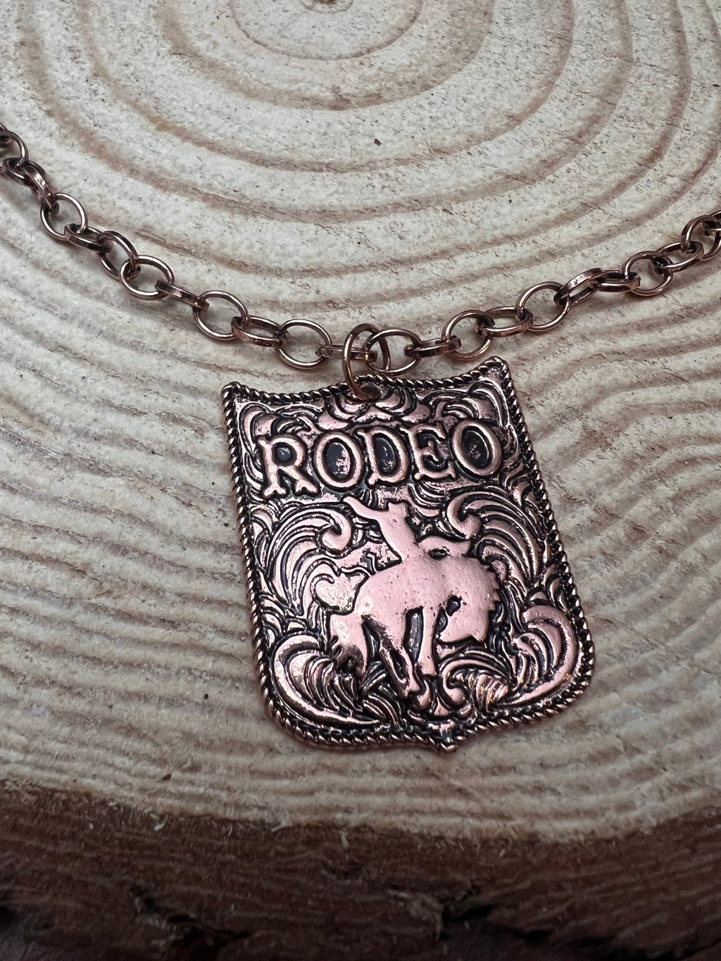 Rustic Brass Colored Rodeo Pendant Necklace – 22" Western Cowgirl Statement Jewelry