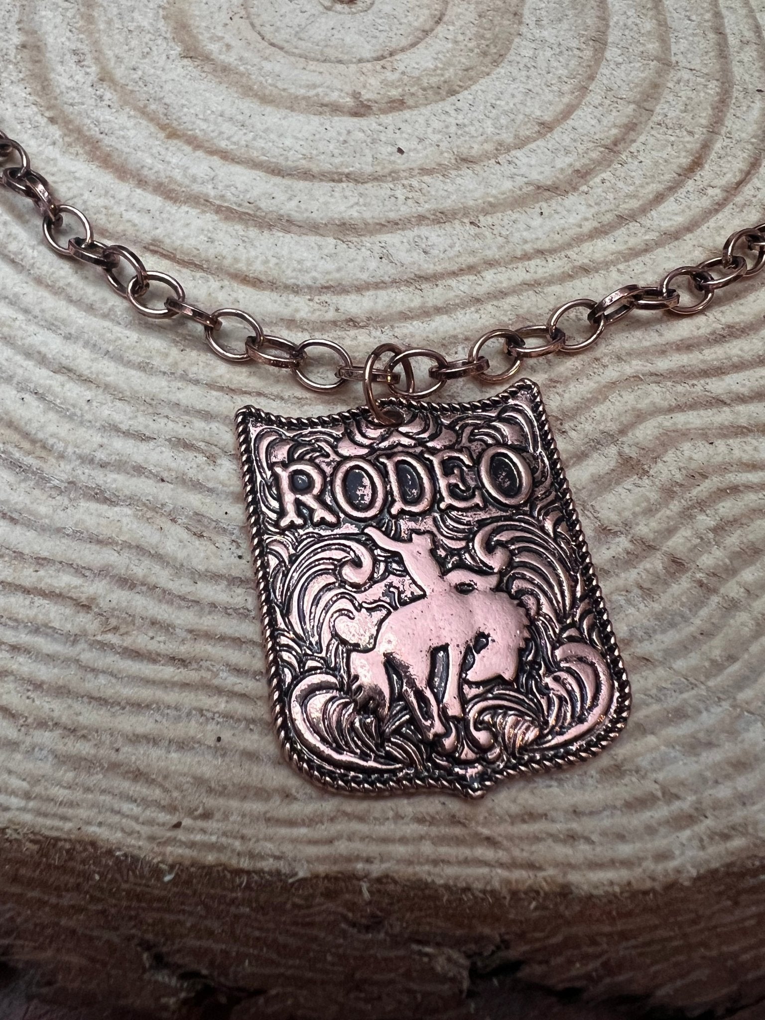Rustic Brass Colored Rodeo Pendant Necklace – 22" Western Cowgirl Statement Jewelry
