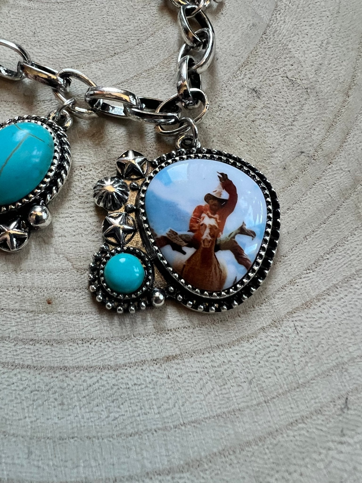 Western Rodeo Charm Bracelet — Bull Rider & Bronc Pendants with Faux Turquoise