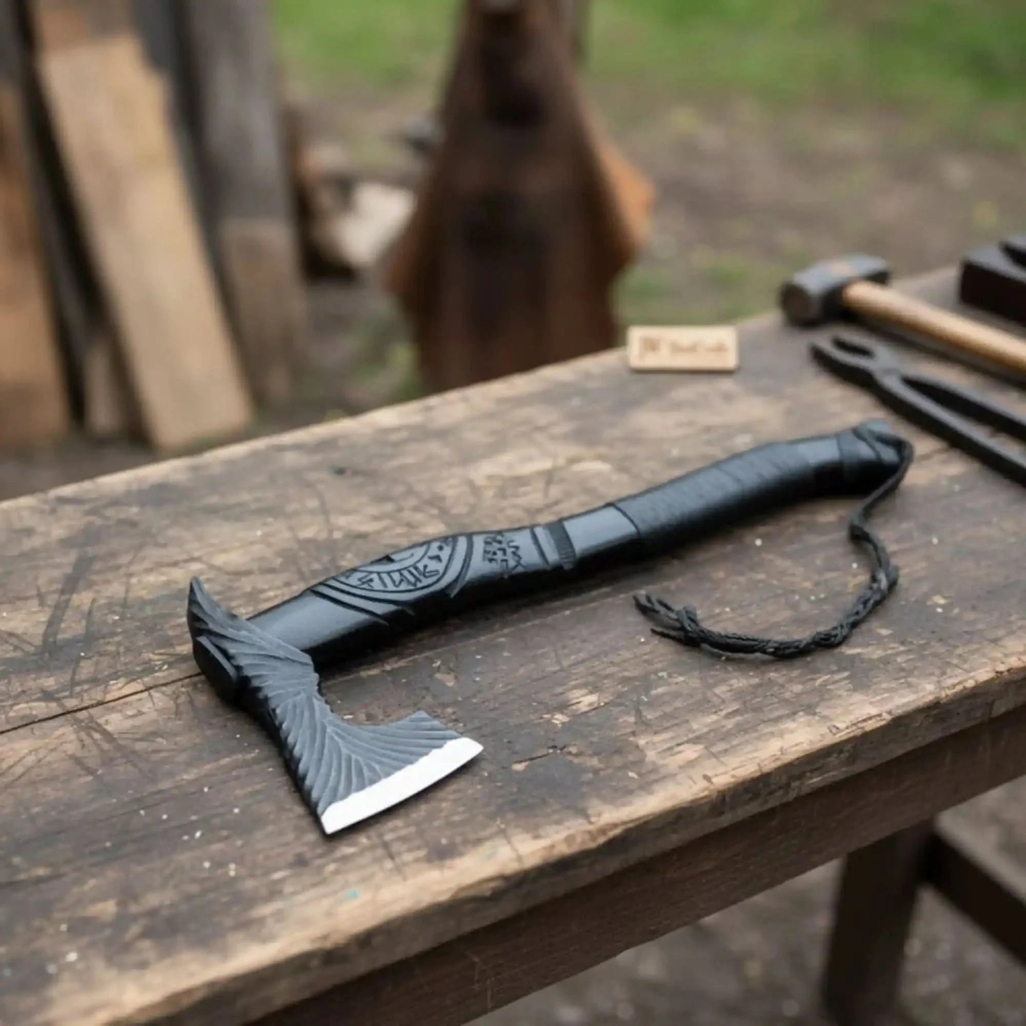 Hand Forged Viking Battle Axe with Carved Black Hardwood Handle
