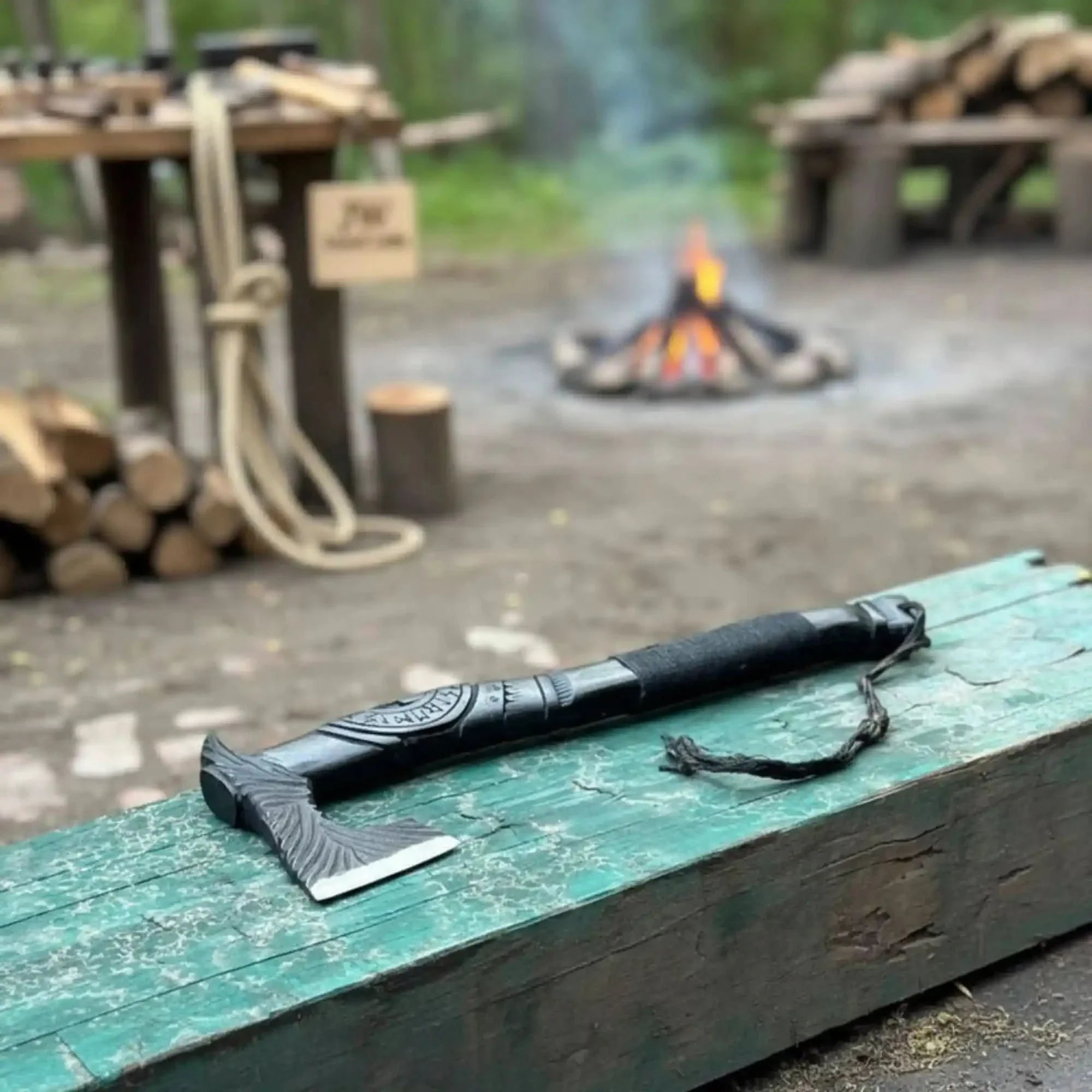 Hand Forged Viking Battle Axe with Carved Black Hardwood Handle